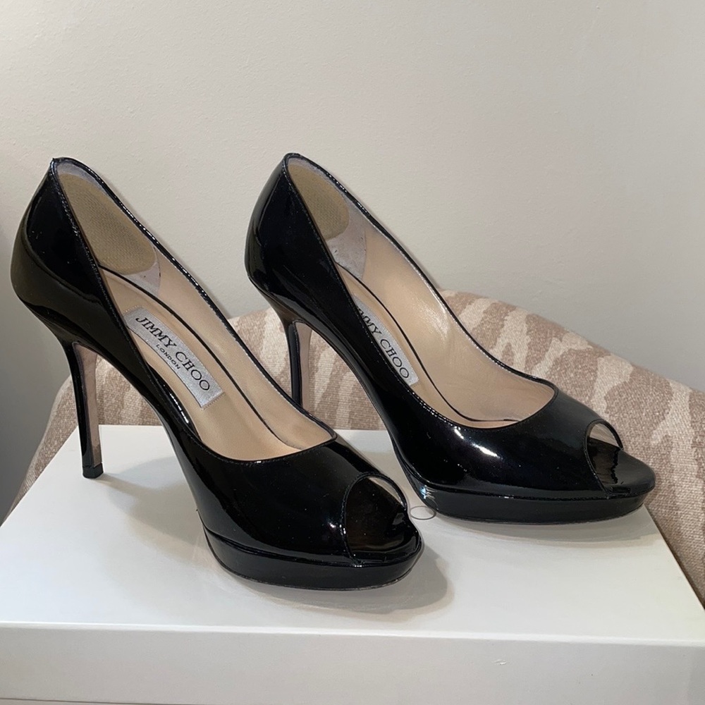 Jimmy Choo  black patent leather peep toe platform pump